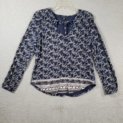 Lucky Brand 衬衫女式大号蓝色花卉印花领带前波西米亚拉上衣 — 第 1/4 张图片