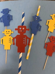 24 pajitas de papel personalizadas y 36 cupcakes Topper robot colores primarios niño fiesta decoración - Imagen 1 de 5
