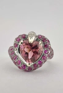 LeVian 14k White Gold Hear Shaped Pink Tourmaline & Ruby & Diamond Ring - Picture 1 of 10