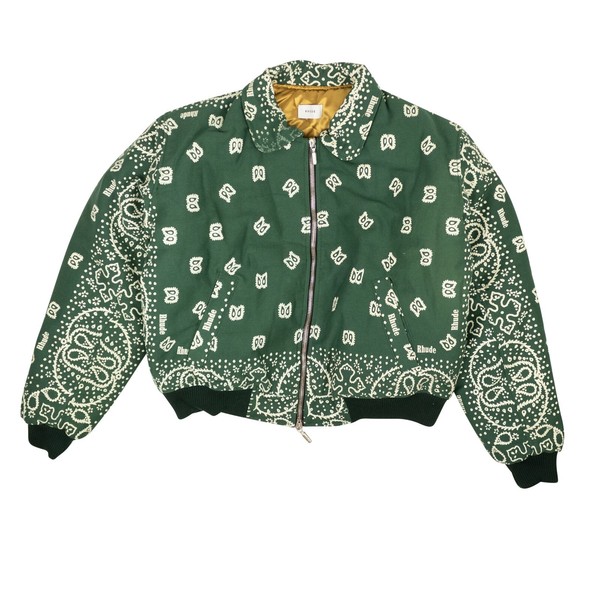 NWT RHUDE Forest Green & Creme Cotton Lighting Bomber Jacket Size L $1915
