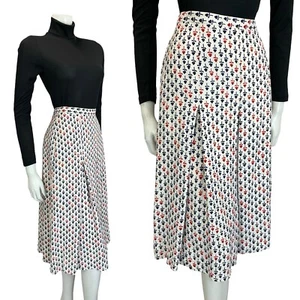 VTG 60S 70S WHITE RED NAVY BLUE GEOMETRIC FLORAL PLEATED PREPPY MIDI SKIRT 10 - Picture 1 of 8