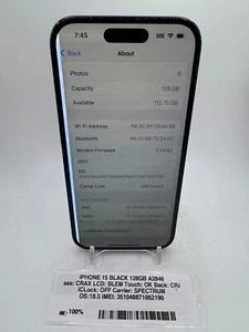 Apple iPhone 15 - Black - 128GB - (Spectrum Mobile) - A2846 - functional - Zdjęcie 1 z 9