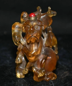 3.4" Old Chinese Yellow Amber Carving Fengshui Beast Animal Snuff Bottle - Picture 1 of 11