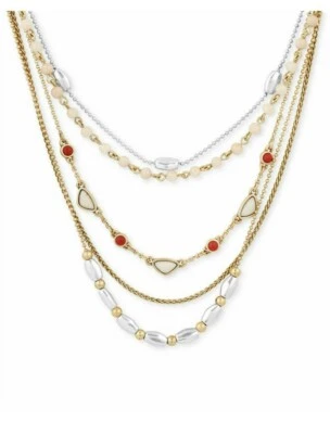 $49 LUCKY BRAND Two-Tone Multi-Chain Red & White Stone Choker Necklace #212 - Image 1 of 4