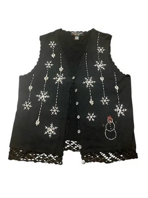 De Colección Hampshire Studio Nieve Navidad Suéter Chaleco XL Muñeco de Nieve Cuentas Negro Encaje Foto 1 de 4