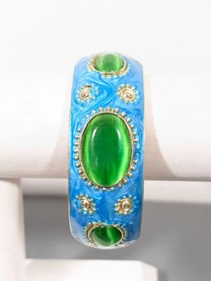 Brazalete grueso Beachy Boho Chic de vidrio verde ojo de gato cabujón esmalte azul Foto 1 de 4
