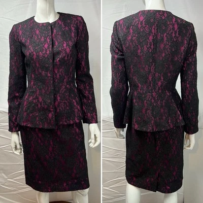Blazer chaqueta y falda Albert Nipon para mujer 4 rosa negro de encaje traje de 2 piezas Y2K Foto 1 de 4