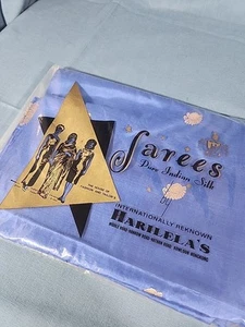 Vintage Hong Kong Luxury Silk Fabric Blue Asian Harilela's Indian Saree Material - Picture 1 of 13