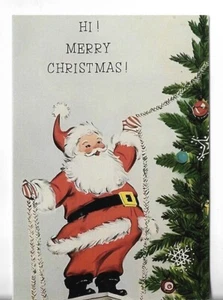 Vintage Repro Weihnachtskarte 3,5x5 Weihnachtsmann setzt Lametta Girlande auf den Baum - Bild 1 von 3