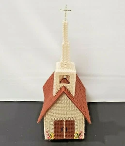 Vintage Handmade Plastic Canvas Needlepoint Crocheted Church W/Music Box  - Picture 1 of 12