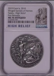NGC MS70 FR TALARIA Winged Sandals of Hermès 2Oz Silver Coin Cook Islands 2019 - Picture 1 of 2