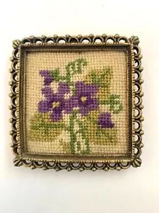 Dollhouse Miniature Needlepoint Metal Frame Wall Decor Vtg Petite Point Floral - Picture 1 of 5