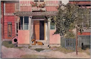Postal "Verandan" firmada por el artista de la década de 1960 de CARL LARSSON perro en escalones de casa SIN USAR - Imagen 1 de 2