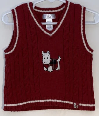 Chaleco Suéter The Children's Place Bebé Niño 12M Cuello en V Rojo Cable Tejido Blanco Perro Foto 1 de 4