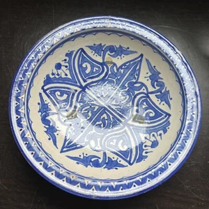 Vintage Moroccan Blue White Ceramic Bowl Meant for Display / Hanging on Wall 10" - Picture 1 of 10