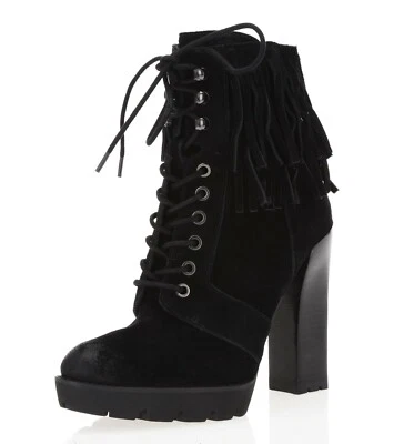 Womens KENNETH COLE 167631 Black Suede Fringe Track platform Boots size 7.5 - Image 1 of 4