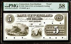 1850’s East Haddam CT Bank of New England Proof $5 Obsolete Currency PMG AU58 - Picture 1 of 2