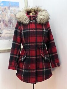 American Eagle Red Plaid Brushed Polyester Pea Coat Fur Trim Hood Women's Med