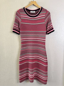 Anthropologie Aldo Martins Alice Stripe Knit Dress Womens Medium Pink Red Ruffle - Picture 1 of 15