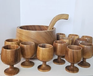 VTG Monkey Pod Wood Punch Bowl, Ladle & 12 Goblets. MCM. Phillipines Hand Carved - Picture 1 of 20