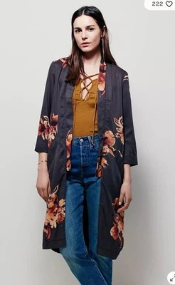 Free People Brown Floral Print Open Front Kimono Cardigan Pockets Lined Sz Small - Image 1 of 4