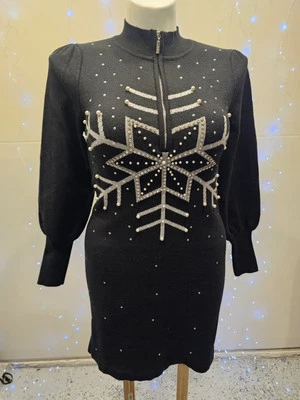 Vestido Suéter Boston Propio Adornado Copo de Nieve Estrás Perla Talla M Foto 1 de 4