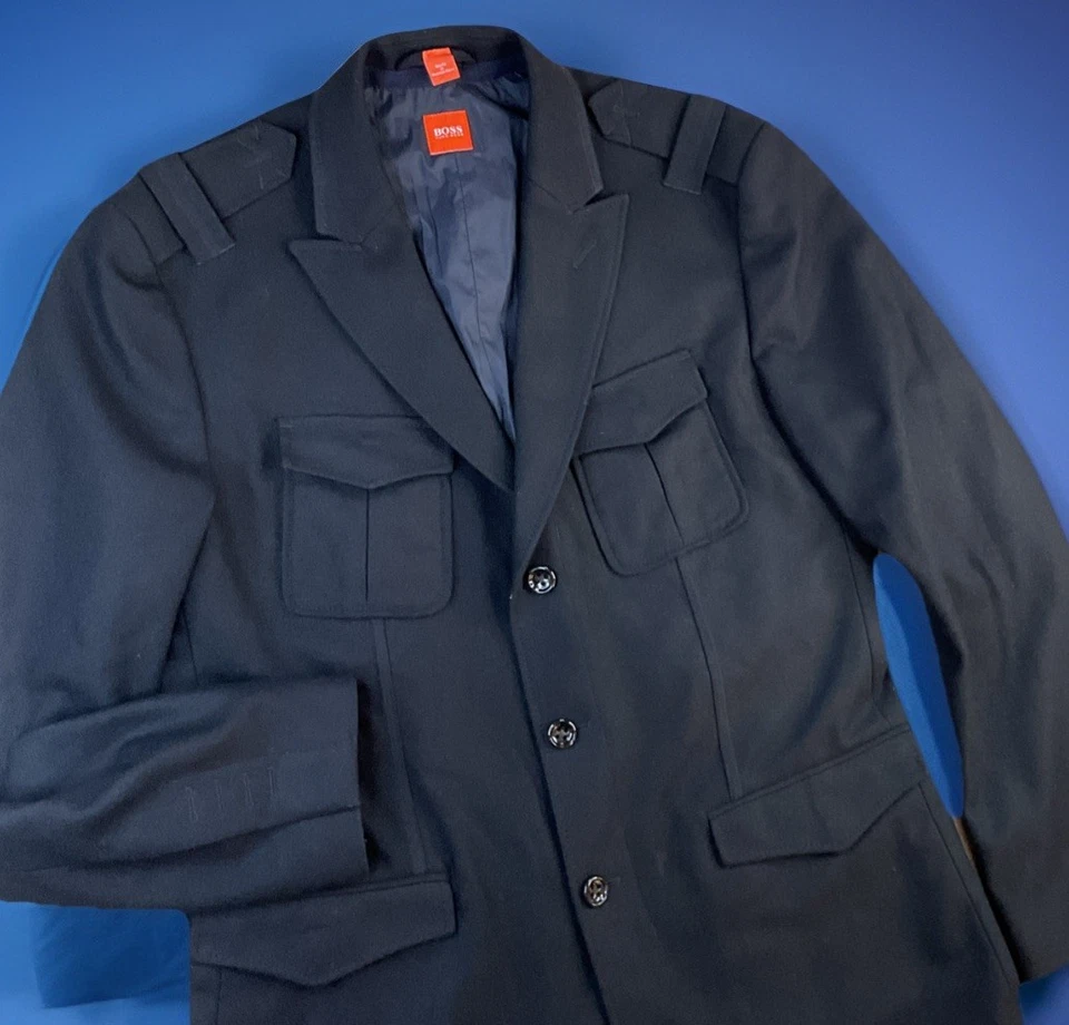 Blazer Hugo Boss Estilo Militar Naranja Tab Mezcla Lana 3 Botones Negro Hombres Talla 42R Foto 1 de 4