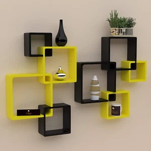 Set of 8 Wooden Twist Rafuf Wooden Intersecting Wall Shelves Standard Yellow BK - Picture 1 of 5