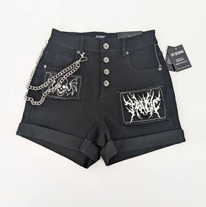 Hot Topic Denim Shorts Women Size 1 Patchwork Winged Skull & Chain Goth Festival - Picture 1 of 14