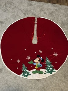 Disney 48" Christmas Tree Skirt Mickey, Trees & Snow Red w/White Faux Fur Trim - Picture 1 of 7