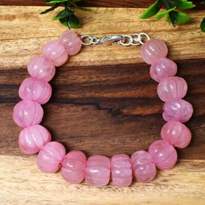Pink Rose Quartz 305.00 Cts Natural 7" Long Carved Beads Bracelet NK 39E178 - Picture 1 of 2