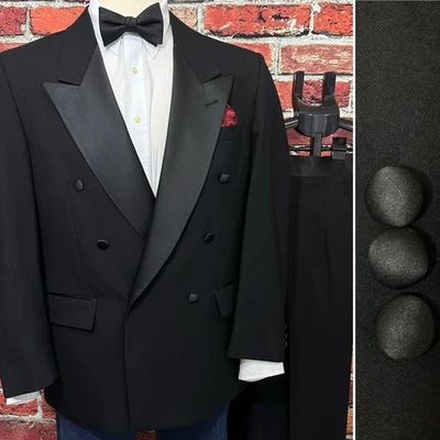 BILL BLASS DOUBLE BREASTED TUXEDO SUIT JACKET 44 PANTS 38x30 1980s VINTAGE USA - Image 1 of 4