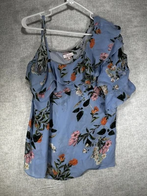 Parker Blue Floral One-Shoulder Ruffled Silk Blouse Women’s Size Large - Image 1 of 4