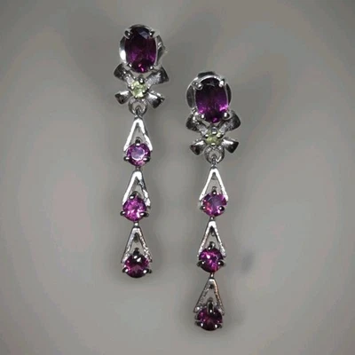 Natural Rhodolite Garnet & Peridot 925 Sterling Silver Post Dangle Earrings 1949 - image 1 of 4