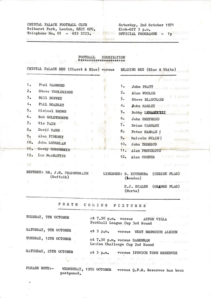 Crystal Palace Reserves v Reading (Combination) 1971/1972 - Image 1 of 1
