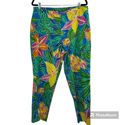 Pantalones al Tobillo Ralph Lauren Talla 14 Tropical Floral Algodón Elástico Vacaciones Verde Foto 1 de 4