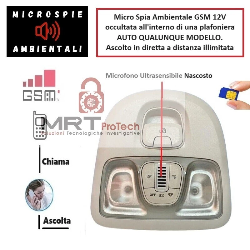 Microspia GSM professionale NASCOSTA IN QUALUNQUE PLAFONIERA ANTERIORE AUTO - Immagine 1 di 1