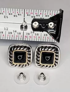 Retro Pierced Earrings 0.5in Silver Tone Faux Onyx Square Gold Trim Rope Estate - Picture 1 of 23