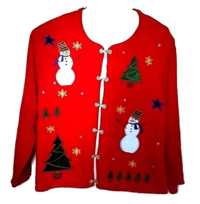 水晶神户圣诞毛衣开衫,尺寸 L,红色雪人树雪花 — 第 1/4 张图片
