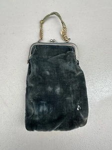 Antique Victorian Black Velvet Hand Purse With Silver Tone Lined Clasp - Picture 1 of 2