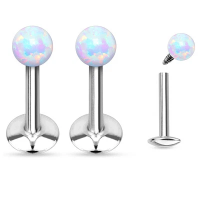 Pair Opal Surgical Steel Helix Tragus Lip Piercing Labret Stud Barbell 16g 5/16" - Image 1 of 2