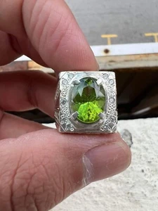 Natural Peridot Gemstone 14k White Gold Ring For Men's 1267 - Picture 1 of 7