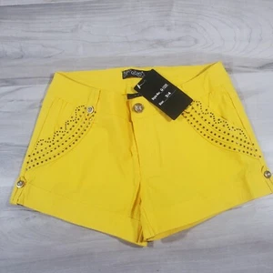 Womens Shorts Yellow Beaded 3 4 Pockets Zipper Belt Loop Beach Pool Vacation - Picture 1 of 12