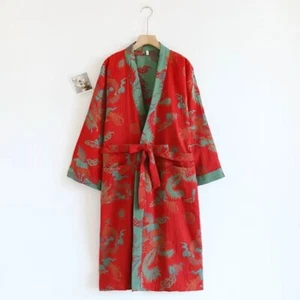 Accappatoio kimono donna rosso cotone con motivo drago orientale e bordo verde giada - Foto 1 di 2