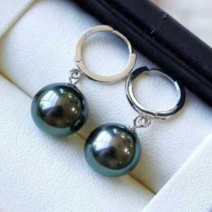Handmade 12MM peacock blue shell pearl earrings 925 Bridal Office Diamond Dangle - Picture 1 of 9