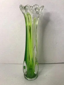 Vintage MCM Green And Clear Swung Art Glass Swirl 6Finger Bud Vase 9 Inch - Picture 1 of 4