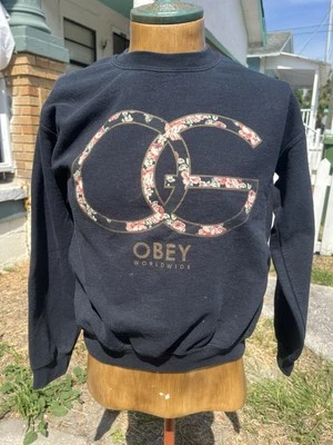 OBEY Crewneck Sweatshirt Pullover "OG" Black Floral Print Womens Small Stylish — 第 1/4 张图片