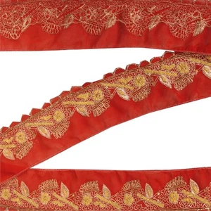 Sanskriti Vintage Saree Border Hand Beaded Trims Lace 2W Decor Zardozi Red - Picture 1 of 6
