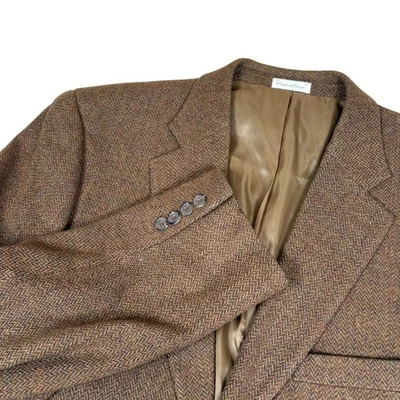 Casaco esportivo vintage Oleg Cassini masculino blazer marrom espinha de peixe lã tweed 2 botões 44L - Imagem 1 de 4