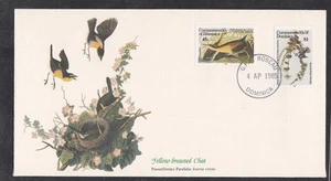 DOMINICA 1985 COPERTINA PRIMO GIORNO AUDUBON SOCIETY UCCELLINO CHIACCHIERATA PETTO GIALLO + CACHET - Foto 1 di 2